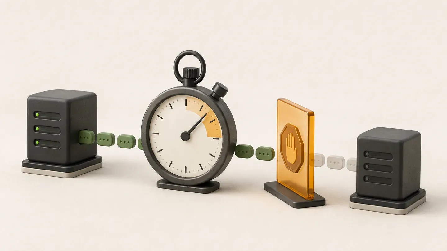 A stopwatch and stop barrier interrupt data packets travelling between two servers.